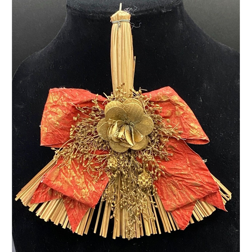 Vintage Straw Protection Broom with Flower and Red Bow